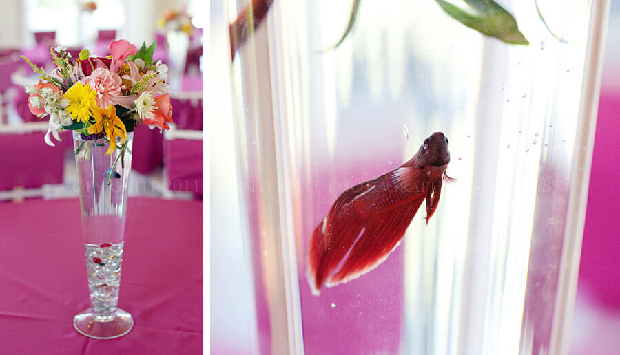 A betta fish swam in each of the centerpieces a 